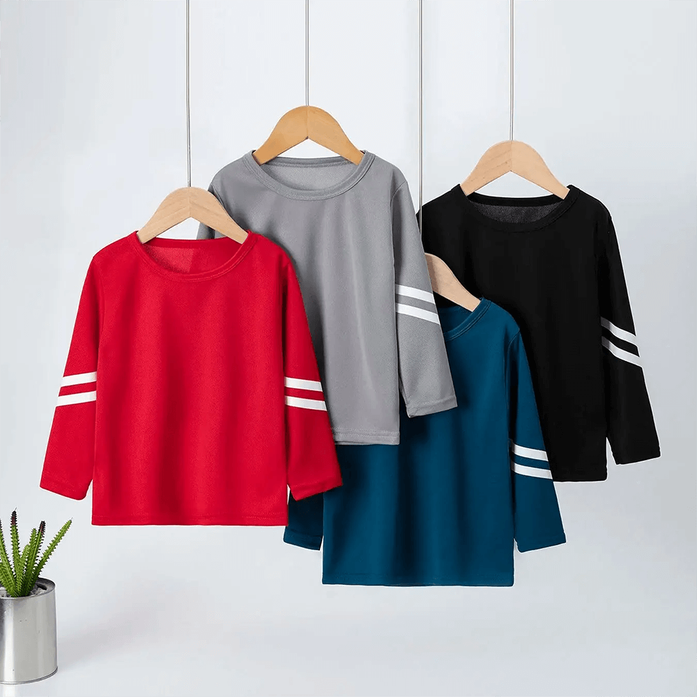 Colorful sports long-sleeved tops SF3097 for boys and girls, displayed on hangers, featuring stripes on sleeves.